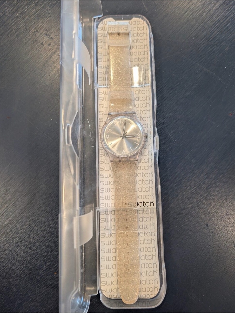Swatch Gold Glitter Strap Watch with Silver Face
